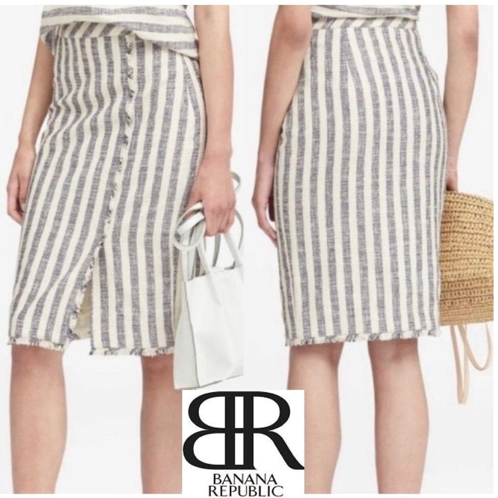 Striped Fringe Faux Wrap Pencil Skirt Tailored Coquette Navy Off White Size 6